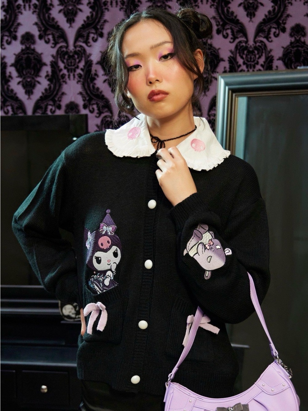 Hot Topic Kuromi Black Knit Button-Up Cardigan with Embroidery Large